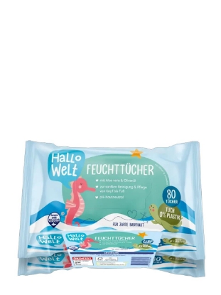 Poza cu Hallo Welt, servetele umede pentru bebelusi cu aloe vera si ulei de masline, 2 x 80 buc