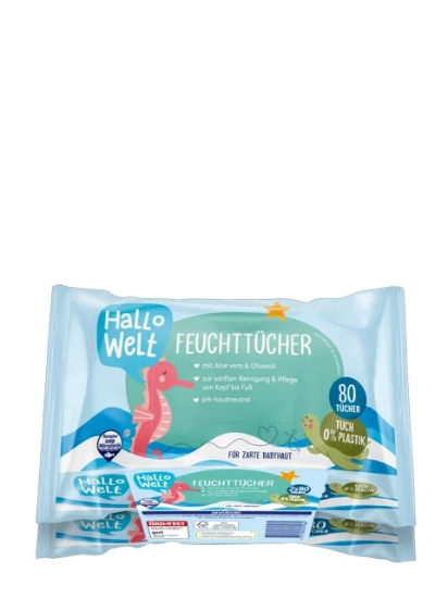 Poza cu Hallo Welt, servetele umede pentru bebelusi cu aloe vera si ulei de masline, 2 x 80 buc