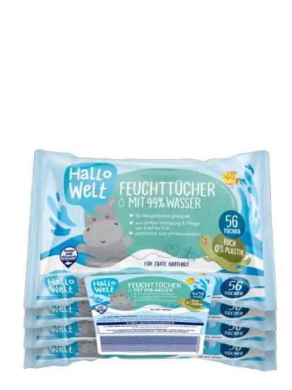 Poza cu Hallo Welt Feuchttücher, servetele umede pentru bebelusi cu 99% apa, 4 x 56 buc
