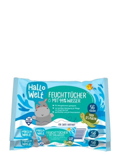 Poza cu Hallo Welt Feuchttücher, servetele umede pentru bebelusi cu 99% apa, 2 x 56 buc